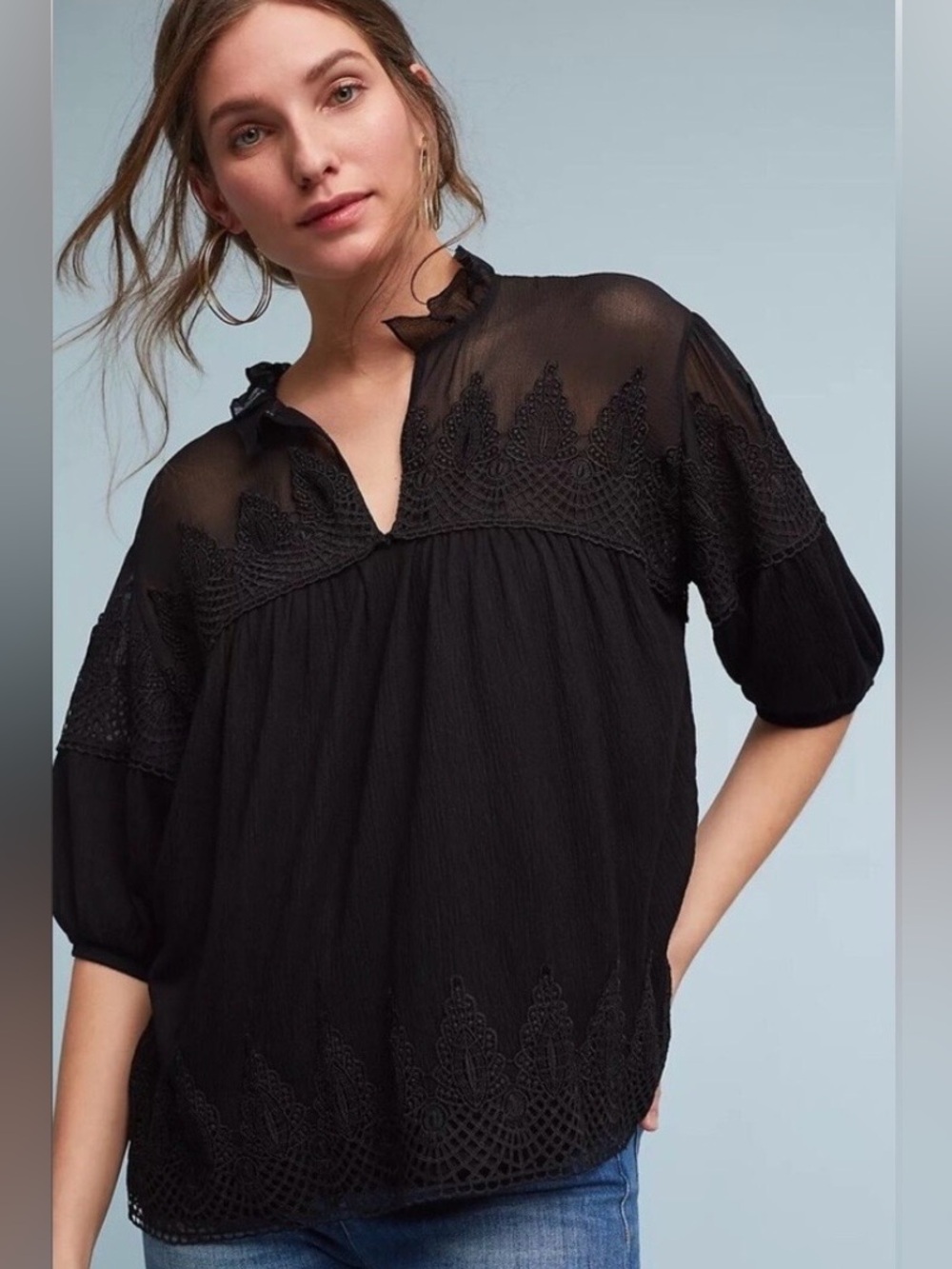 Anthropologie Maeve Giulia Black Lace Yoke Peasant Blouse Medium